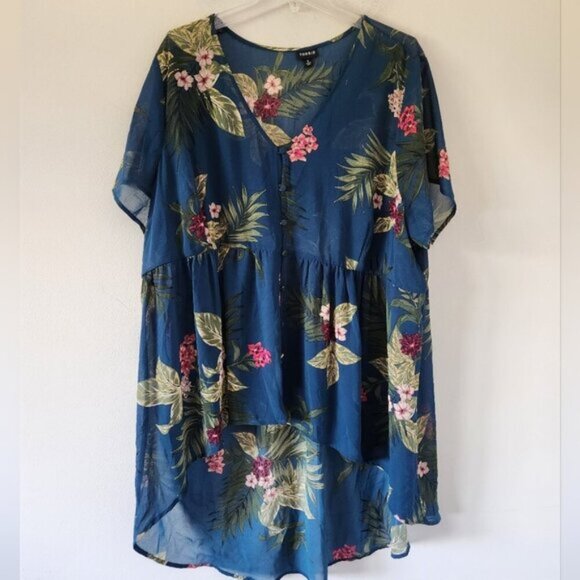 TORRID | Teal Tropical Floral Chiffon Babydoll Tunic Hi-Low Sheer Blouse Sz 4X - Picture 3 of 6